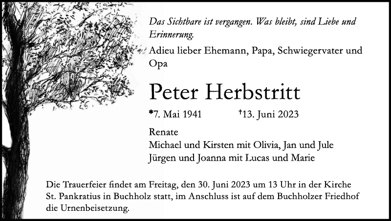 Peter Herbstritt Traueranzeige Badische Zeitung