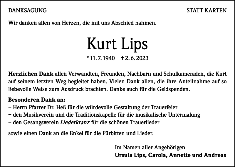 Kurt Lips Traueranzeige Badische Zeitung