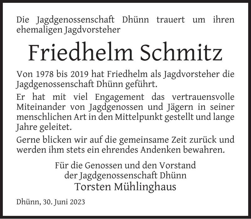 Friedhelm Schmitz Traueranzeige Remscheider General Anzeiger