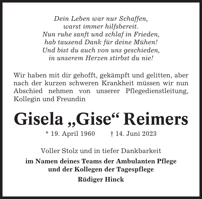 Gisela 'Gise' Reimers: Gedenken : Niederelbe-Zeitung
