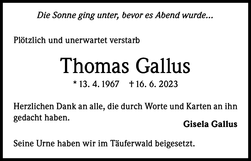 Thomas Gallus Danksagung Badische Zeitung