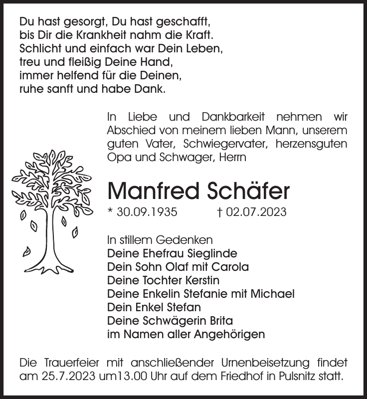 Manfred Schäfer Traueranzeige Sächsische Zeitung