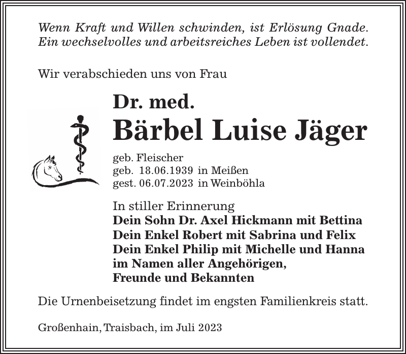 Dr. med. Bärbel Luise Jäger Traueranzeige Sächsische Zeitung