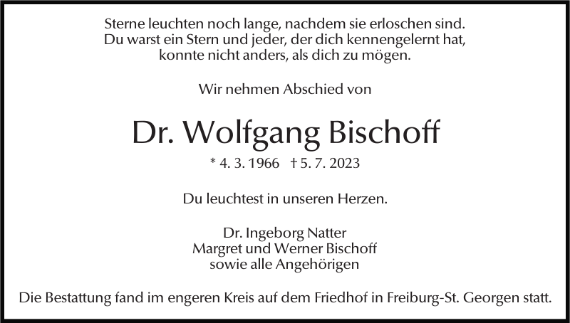 Wolfgang Bischoff Traueranzeige Badische Zeitung