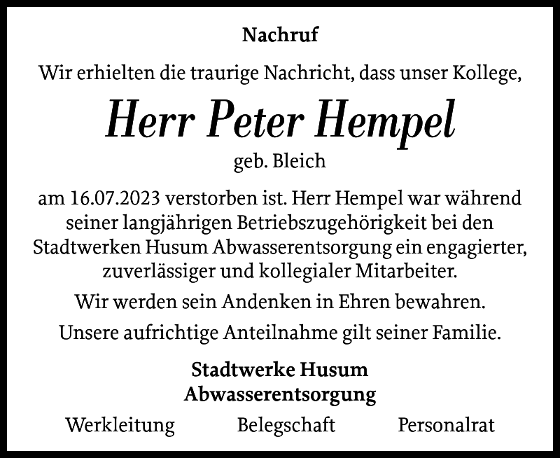 Peter Hempel Gedenken Husumer Nachrichten