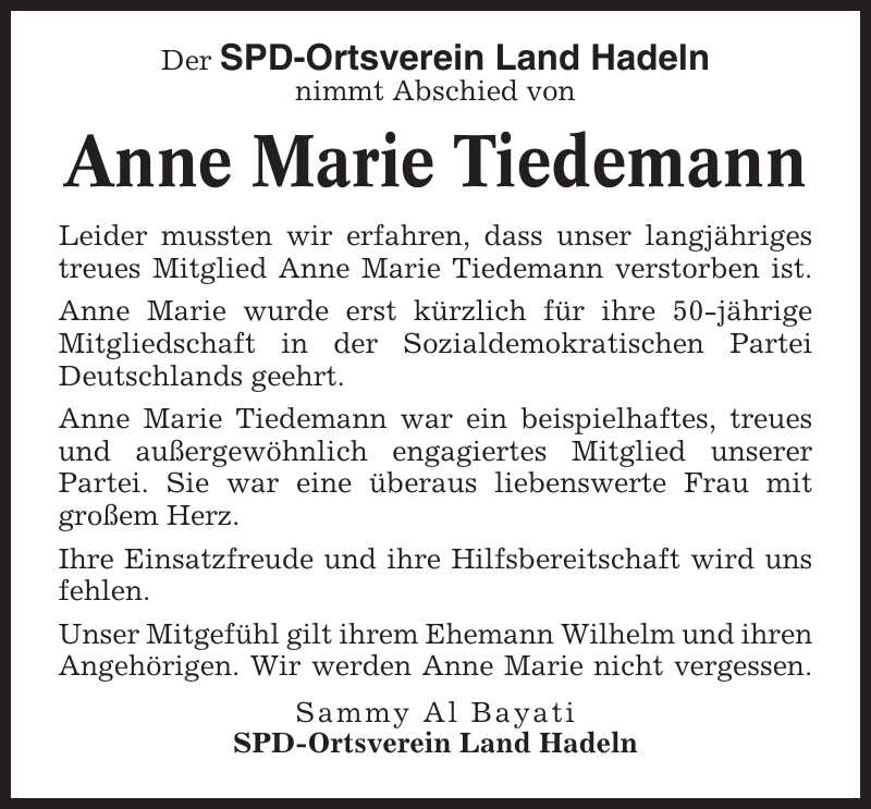 Anne Marie Tiedemann Gedenken NiederelbeZeitung