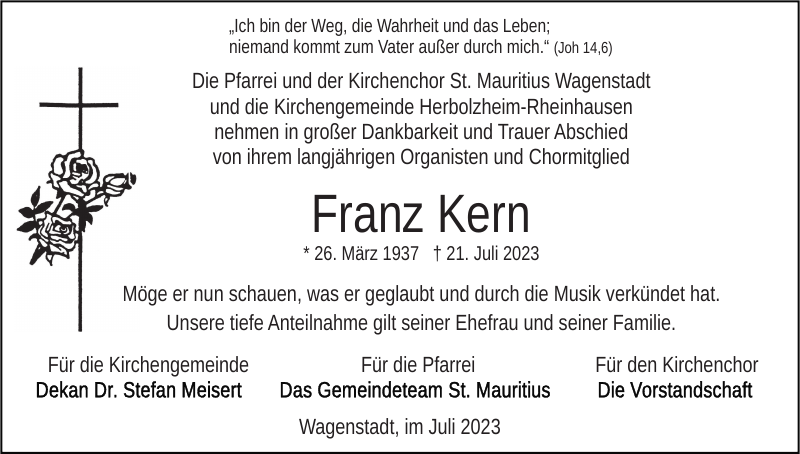 Franz Kern Traueranzeige Badische Zeitung