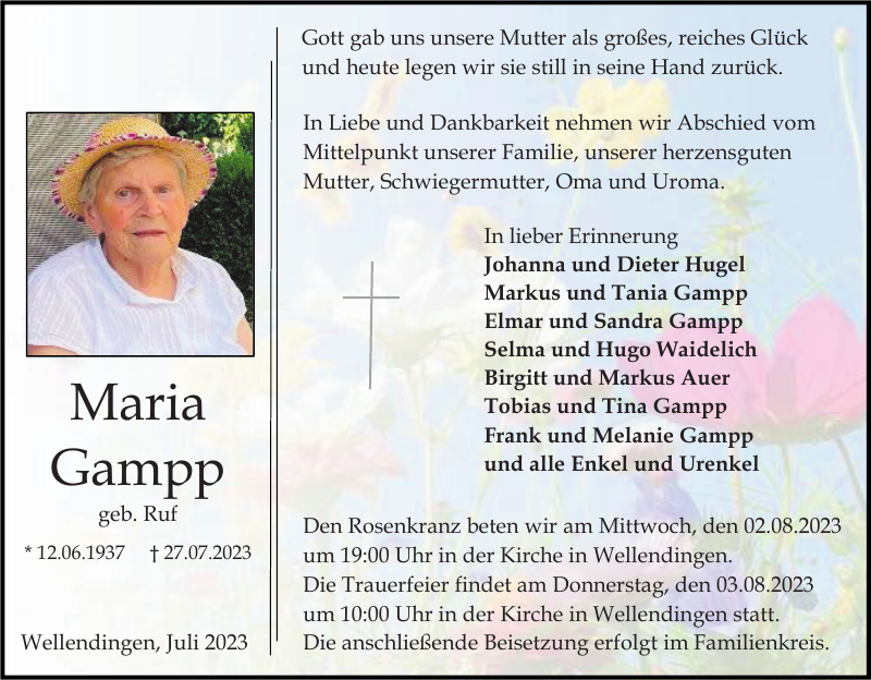 Maria Gampp: Traueranzeige : Badische Zeitung