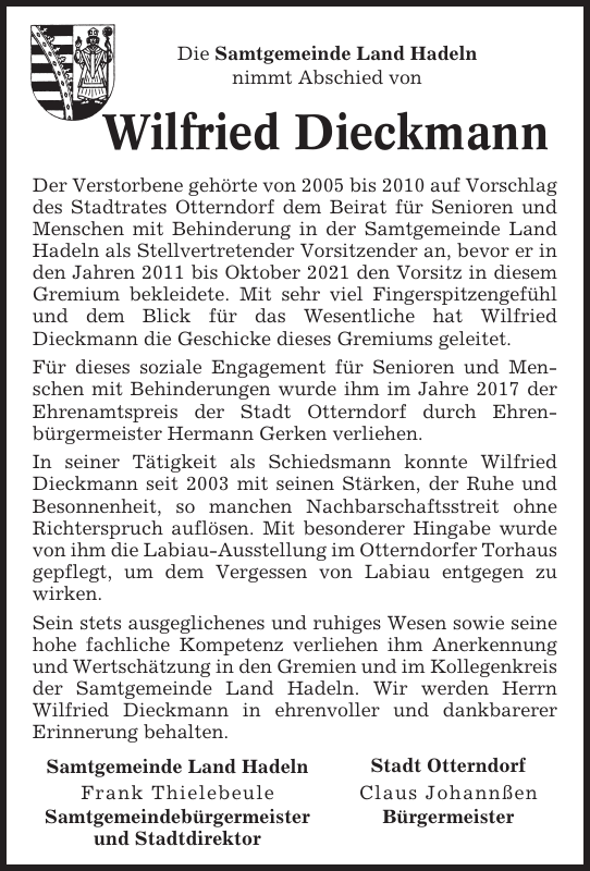Wilfried Dieckmann Gedenken NiederelbeZeitung