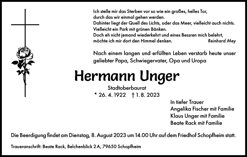 Hermann Unger Traueranzeige Badische Zeitung