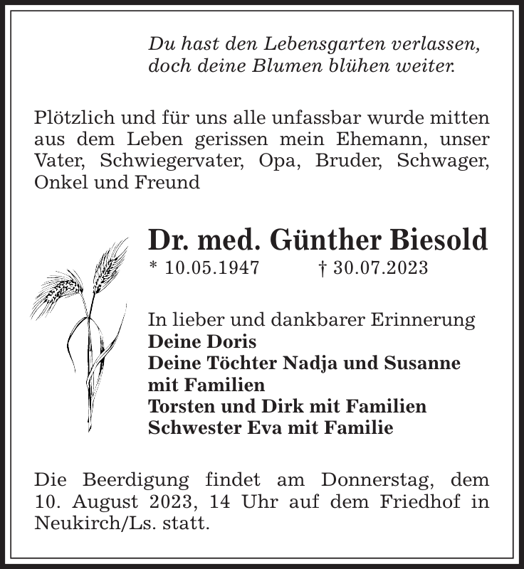 Dr. med. Günther Biesold Traueranzeige Sächsische Zeitung