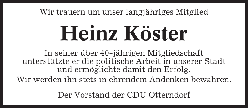 Heinz Köster Gedenken NiederelbeZeitung