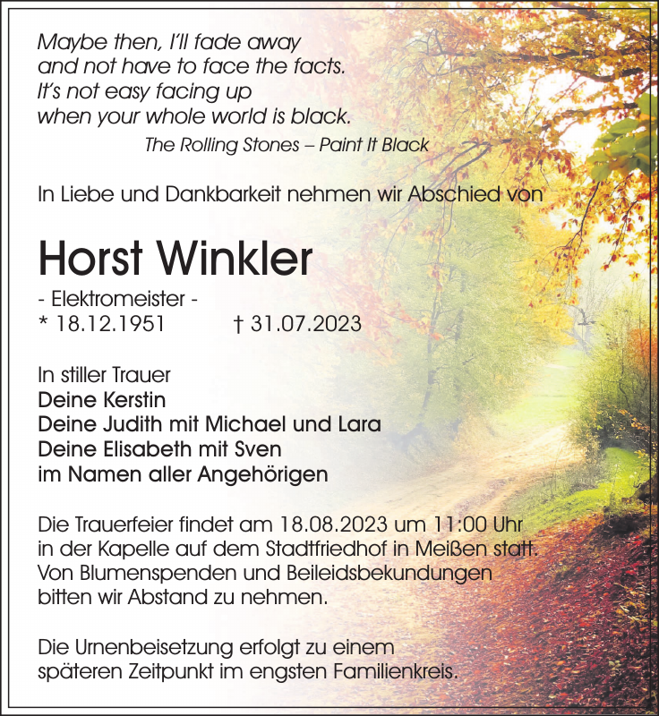 Horst Winkler Traueranzeige Sächsische Zeitung