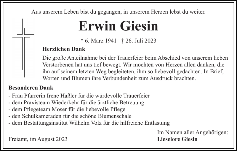 Erwin Giesin Traueranzeige Badische Zeitung