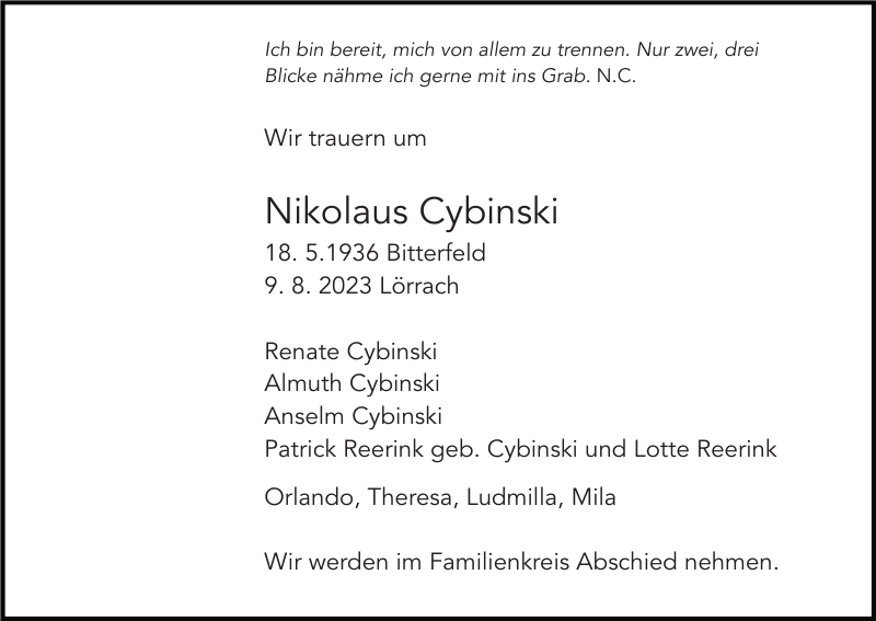 Nikolaus Cybinski Traueranzeige Badische Zeitung