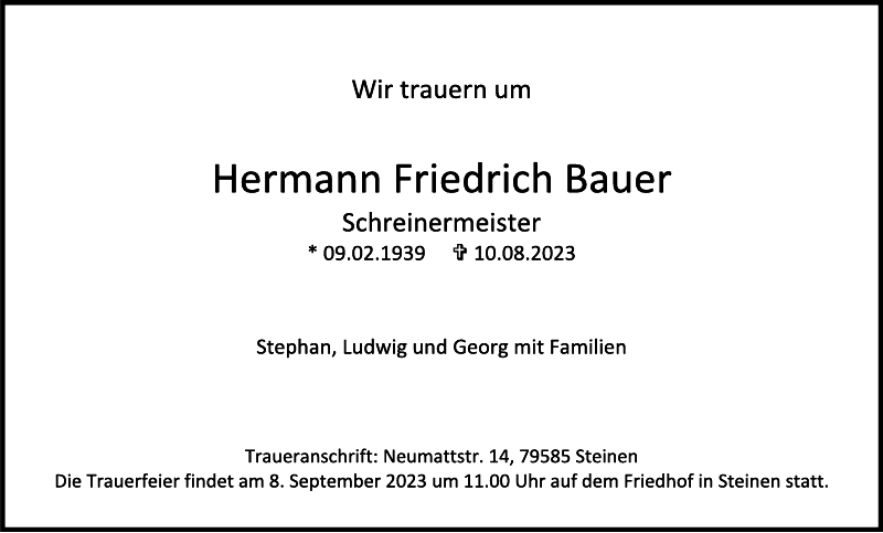 Hermann Bauer Traueranzeige Badische Zeitung