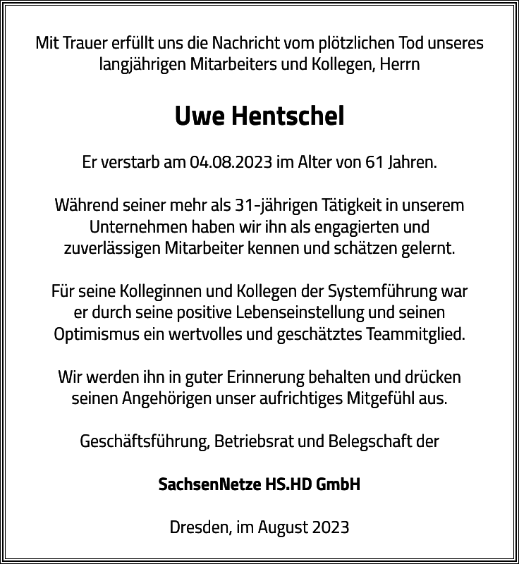 Uwe Hentschel Traueranzeige Sächsische Zeitung