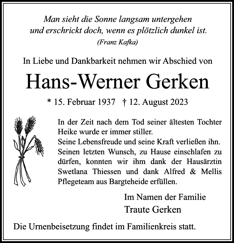 Hans-Werner Gerken: Traueranzeige : Stormarner Tageblatt