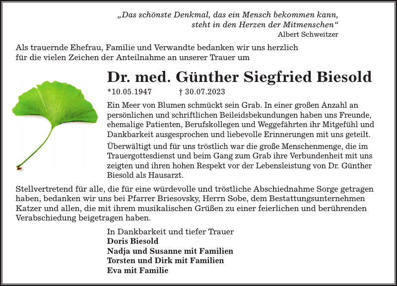 Dr. med. Günther Biesold Traueranzeige Sächsische Zeitung