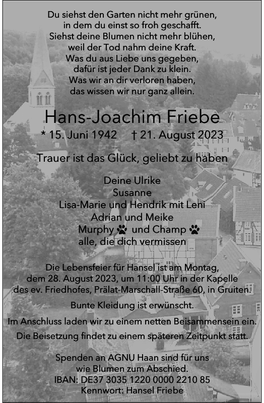 HansJoachim Friebe Traueranzeige Westdeutsche Zeitung