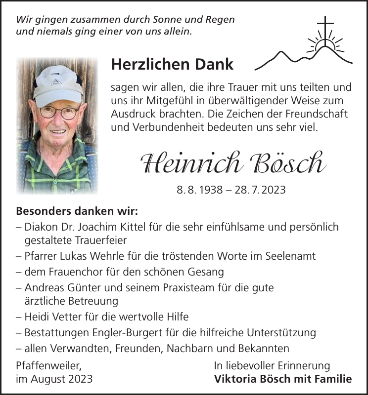 Heinrich Bösch: Danksagung : Badische Zeitung