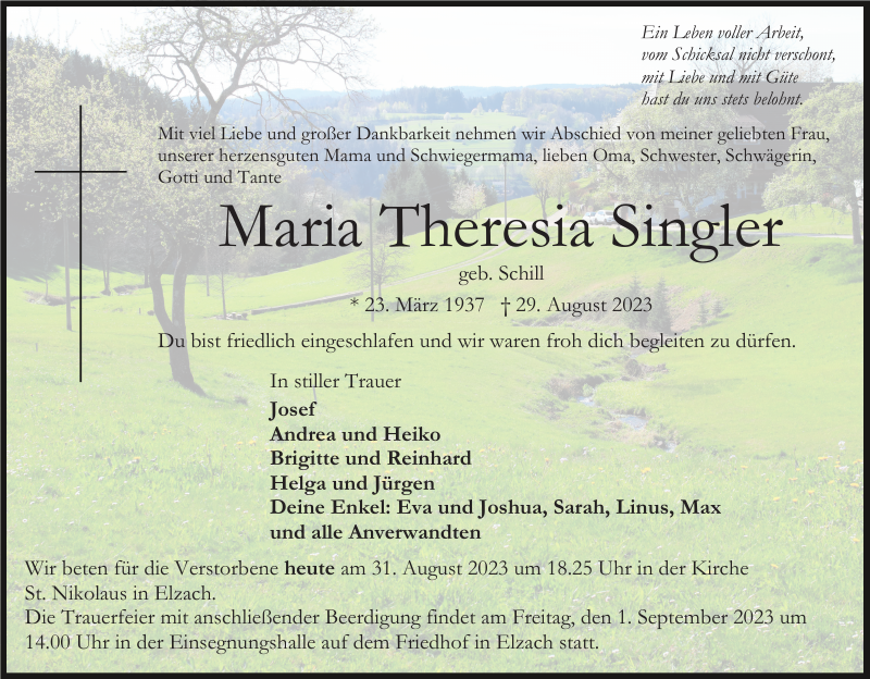 Maria Theresia Singler Traueranzeige Badische Zeitung