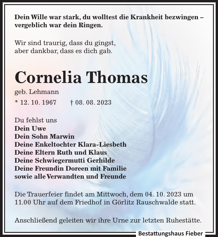 Cornelia Thomas Traueranzeige Sächsische Zeitung