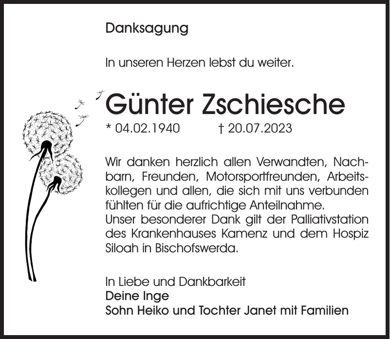 Günter Zschiesche Traueranzeige Sächsische Zeitung