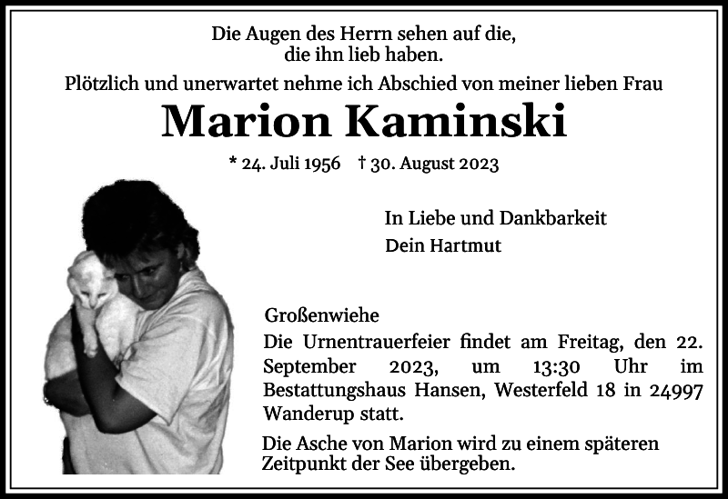 Marion Kaminski Traueranzeige Flensburger Tageblatt