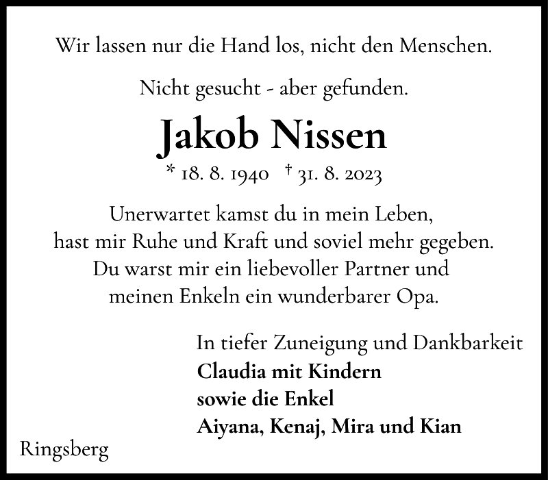 Jakob Nissen Traueranzeige Flensburger Tageblatt
