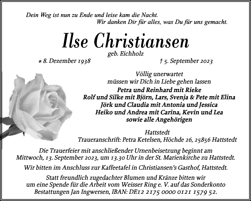 Ilse Christiansen Traueranzeige Husumer Nachrichten