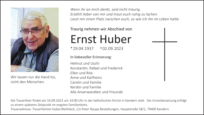 Ernst Huber Traueranzeige Badische Zeitung