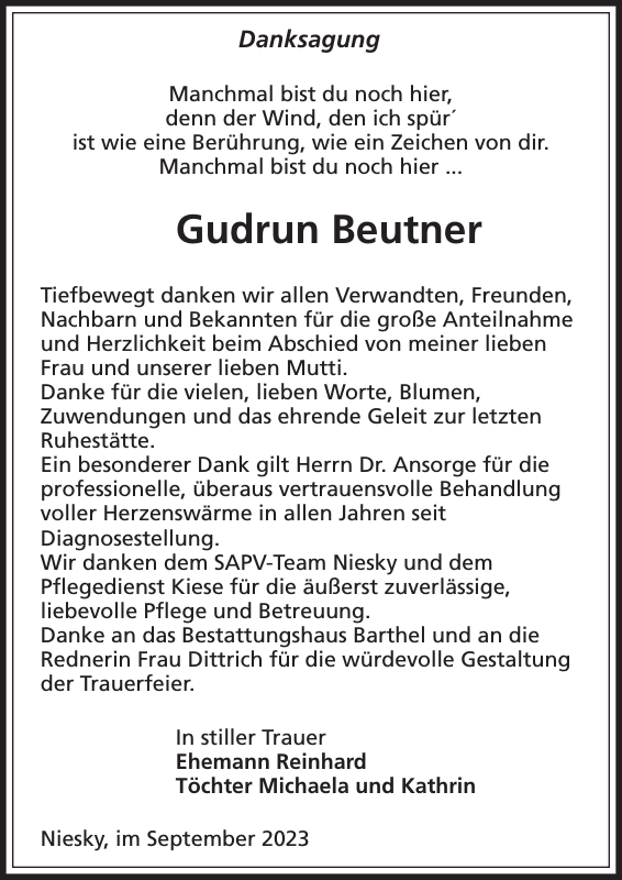 Gudrun Beutner Traueranzeige Sächsische Zeitung