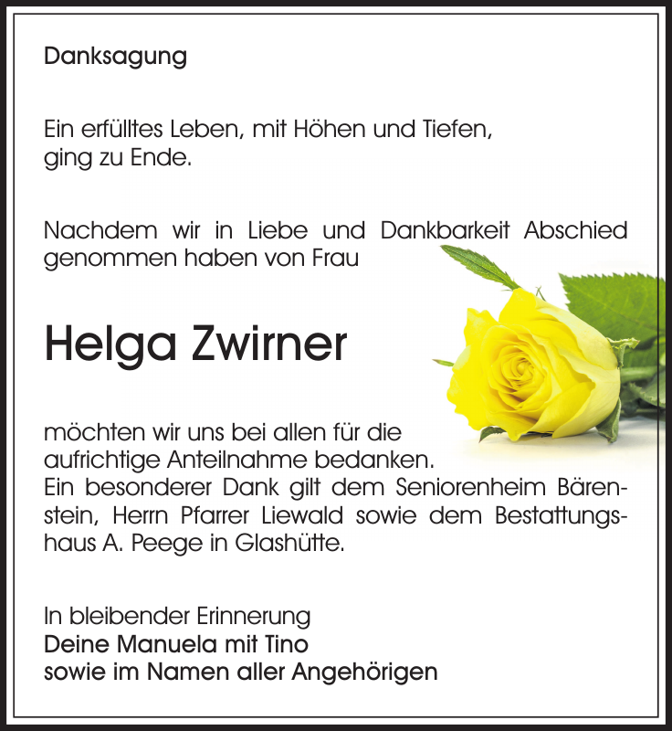 Helga Zwirner Danksagung Sächsische Zeitung