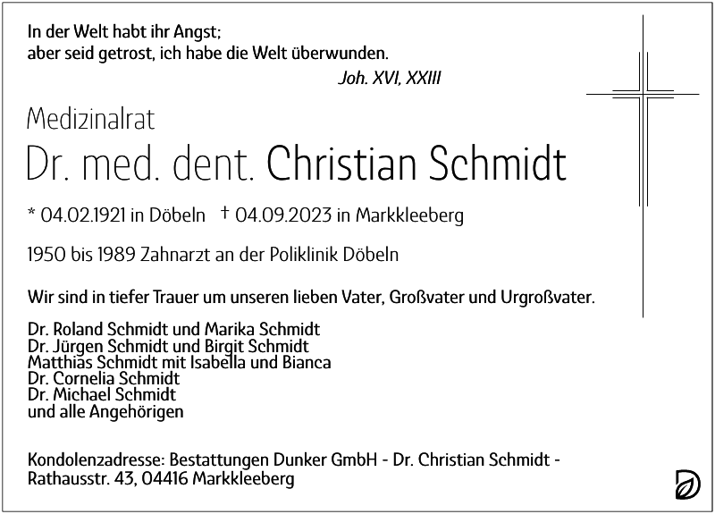 Dr. med. dent. Christian Schmidt Traueranzeige Sächsische Zeitung