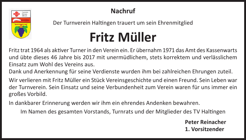 Fritz Müller Traueranzeige Badische Zeitung