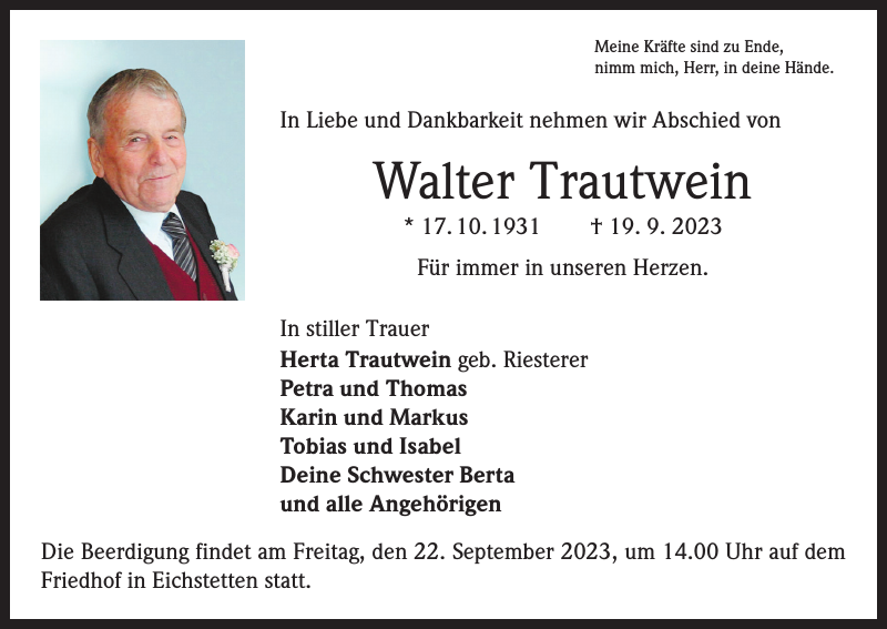 Walter Trautwein Traueranzeige Badische Zeitung