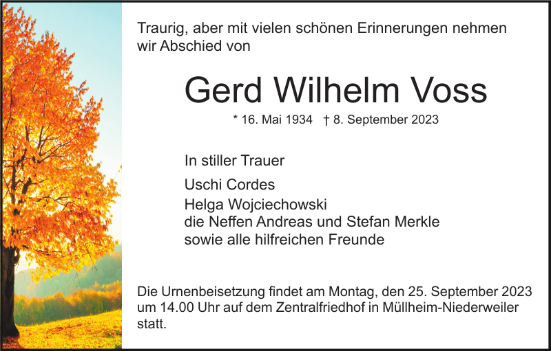 Gerd Wilhelm Voss Traueranzeige Badische Zeitung