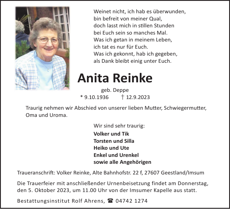 Anita Reinke: Gedenken : Nordsee-Zeitung