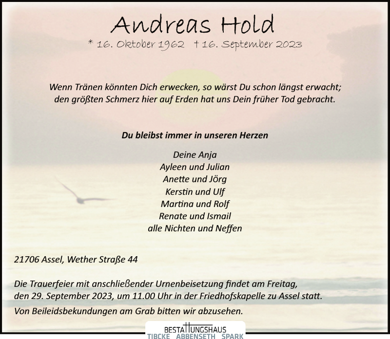 Andreas Hold: Traueranzeige : Stader Tageblatt