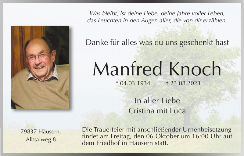Manfred Knoch Traueranzeige Badische Zeitung