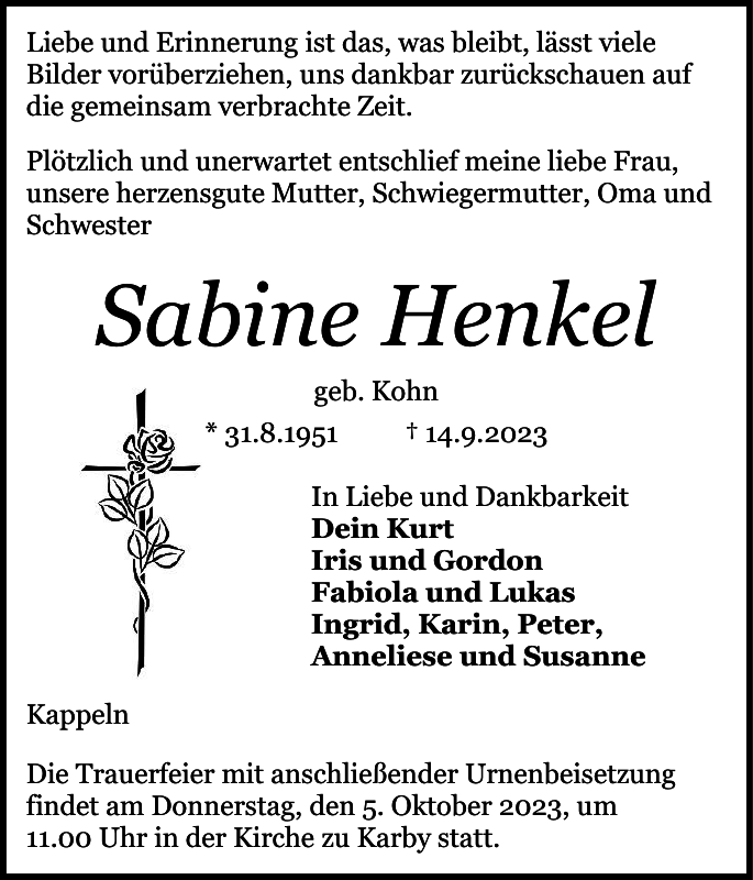Sabine Henkel: Traueranzeige : Schlei-Bote