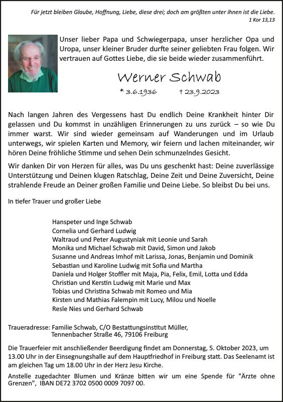 Werner Schwab Traueranzeige Badische Zeitung