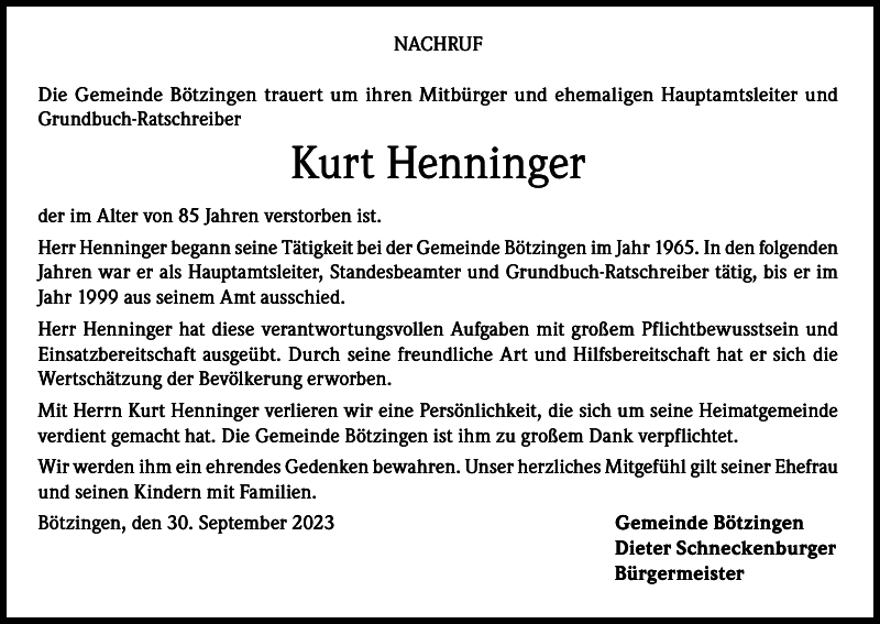 Kurt Henninger Nachruf Badische Zeitung