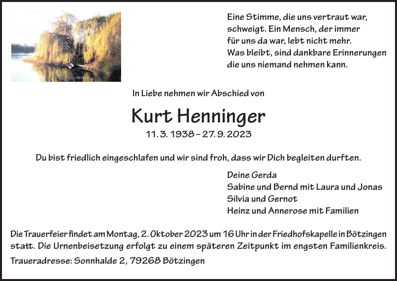 Kurt Henninger Traueranzeige Badische Zeitung