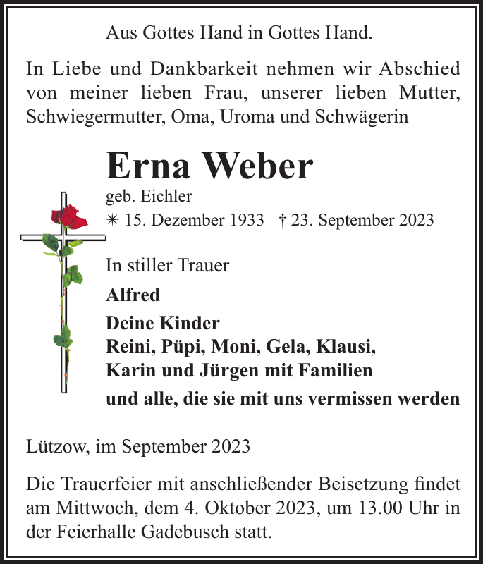 Erna Weber Traueranzeige GadebuschRehnaer Zeitung