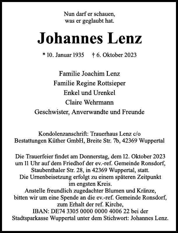 Johannes Lenz Traueranzeige Westdeutsche Zeitung