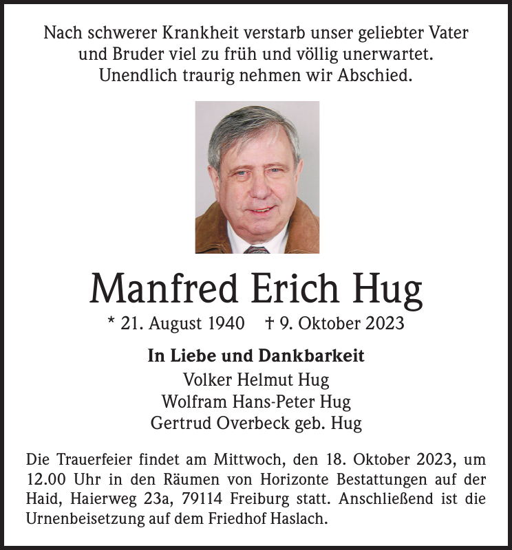Manfred Erich Hug Traueranzeige Badische Zeitung