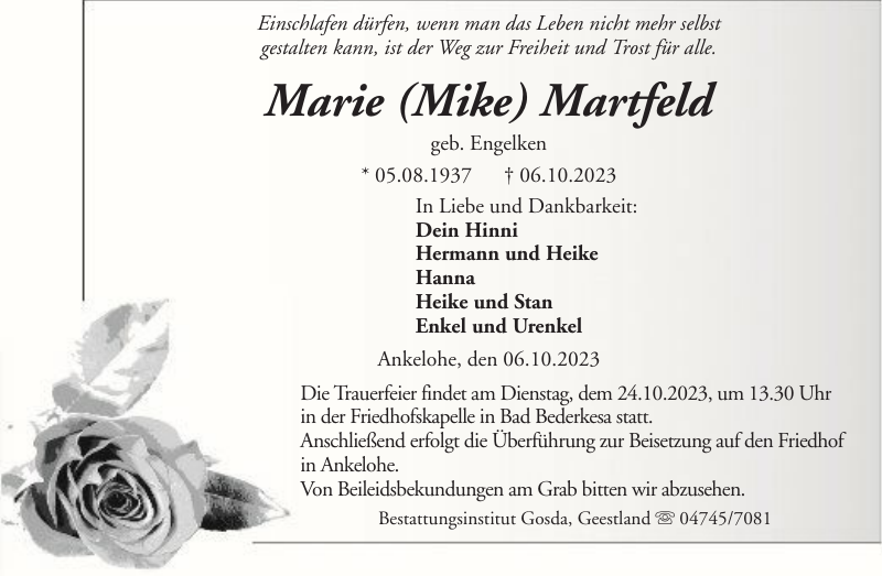 Marie (Mike) Martfeld Gedenken NordseeZeitung