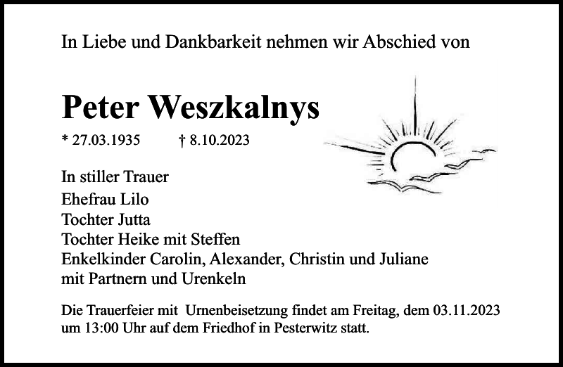 Peter Weszkalnys Traueranzeige Sächsische Zeitung